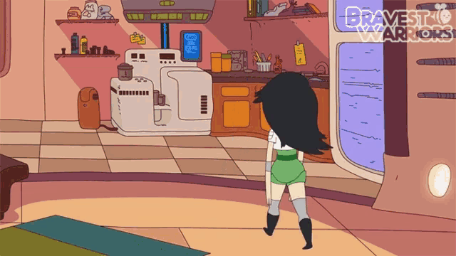a cartoon of a woman standing in a kitchen with the words bravest warriors written on the bottom