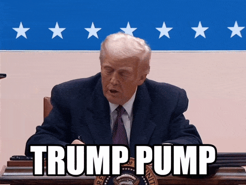 a man in a suit and tie is sitting at a desk with the words trump pump written on it