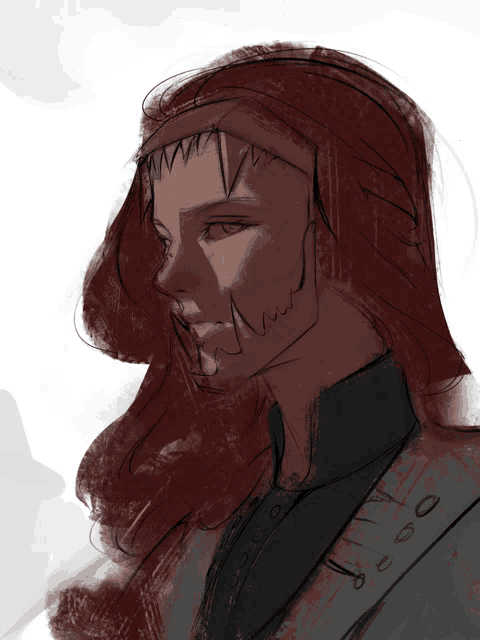 a drawing of a woman with long red hair and sharp teeth on her face