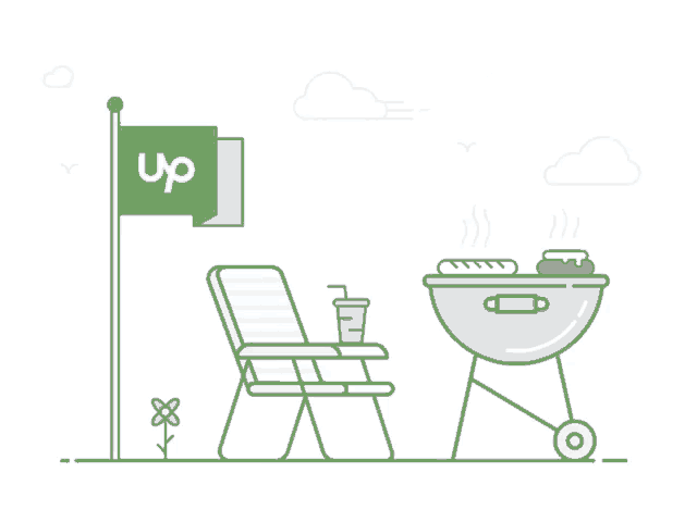 a line drawing of a chair and a grill with a flag that says up