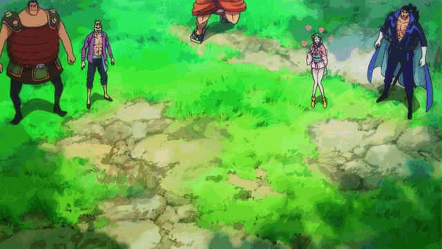 a group of anime characters are standing in a field