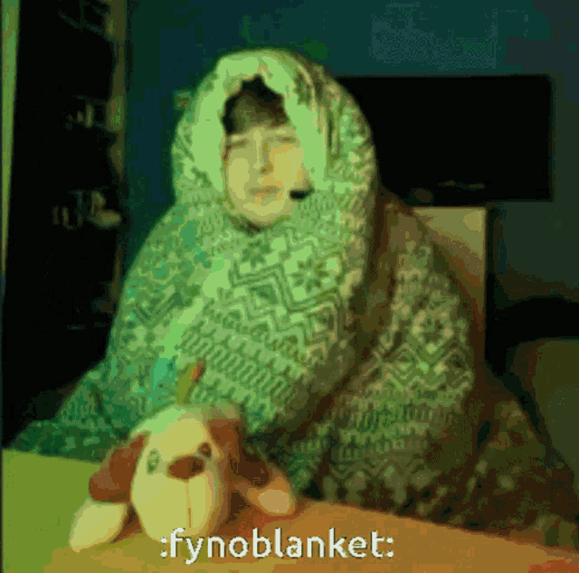 a person is wrapped in a blanket and holding a stuffed animal and the words fynoblanket are below them