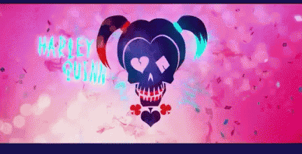 a harley quinn logo is on a pink and blue background
