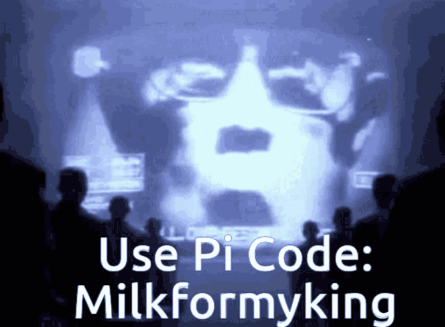 a group of people standing in front of a large screen that says use pi code milkformyking
