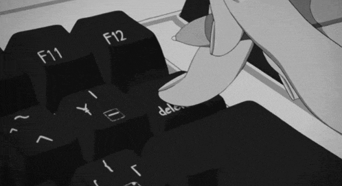 a black and white image of a person pressing the f12 key on a keyboard