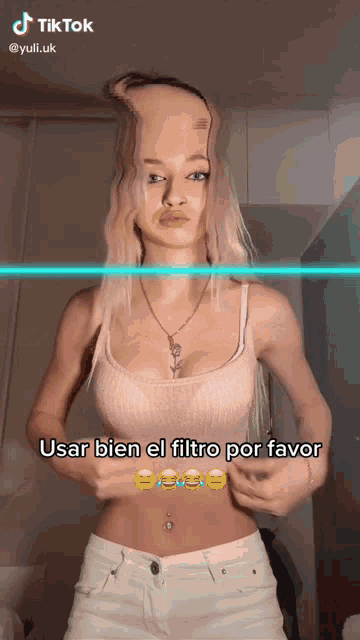a tiktok video of a woman wearing a mask with the caption usar bien el filtro por favor