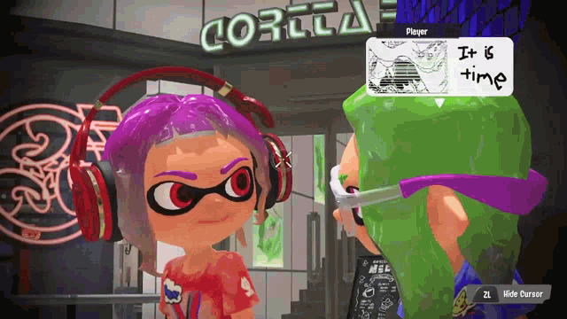 a cartoon character with headphones is standing in front of a sign that says it is time
