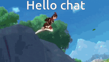 a pixel art of a girl jumping off a cliff with the words hello chat behind her