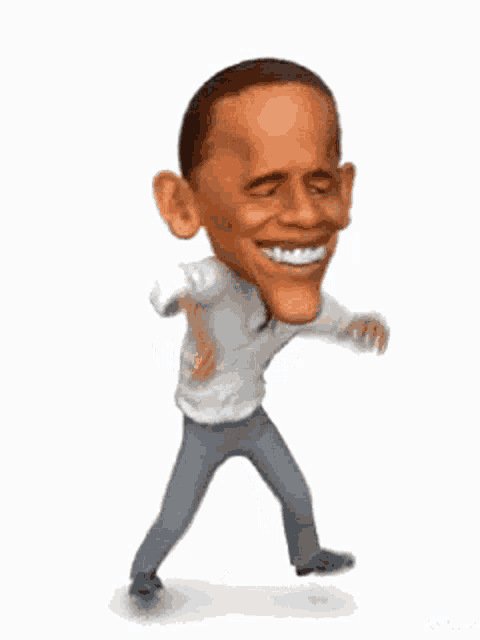a cartoon of barack obama is dancing and smiling with his eyes closed .