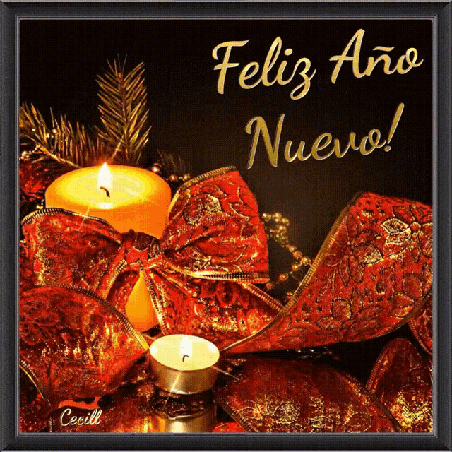 a christmas card with a candle and bows and the words feliz ano nuevo