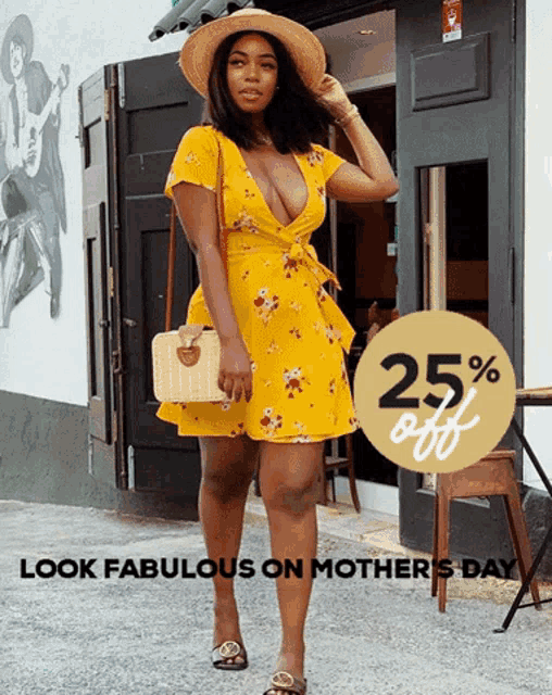 a woman in a yellow dress stands in front of a building with a sign that says 25% off