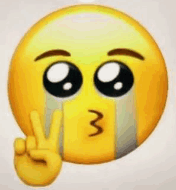 a yellow emoji with tears coming out of its eyes and a peace sign .