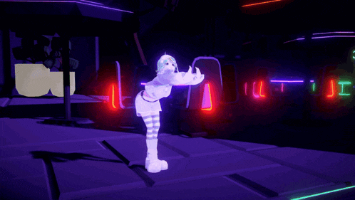 a cartoon character stands in front of a neon sign that says i
