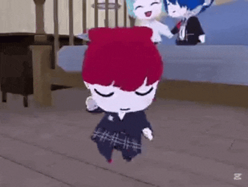 a cartoon character with red hair is standing next to a bed .