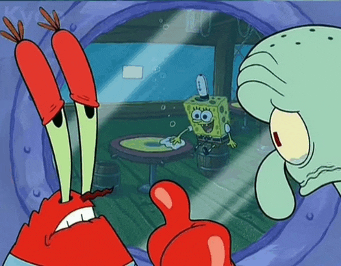 spongebob and squidward are looking through a window at a table