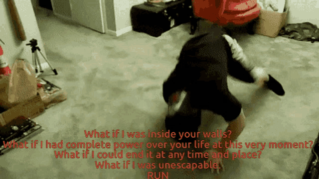 a man is doing a handstand in a room with the words " what if i was inside your walls " above him
