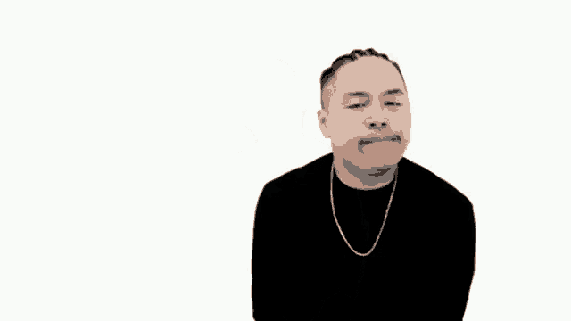 a man wearing a black shirt and a chain around his neck is standing on a white background .