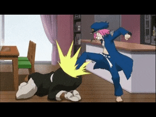 a cartoon character is kicking another character in the face .