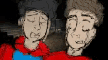 two cartoon characters are standing next to each other with their eyes closed and one is crying .