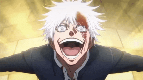 a man with white hair is making a funny face with his mouth wide open .