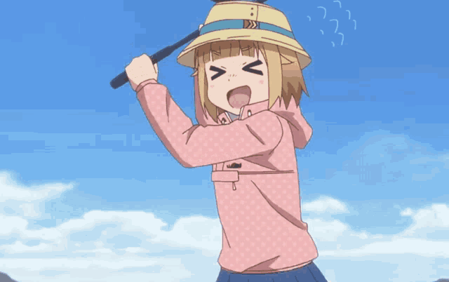 a girl in a pink hoodie is holding a fishing rod with her eyes closed