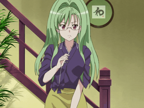a girl with green hair and glasses stands in front of a wall with chinese writing on it
