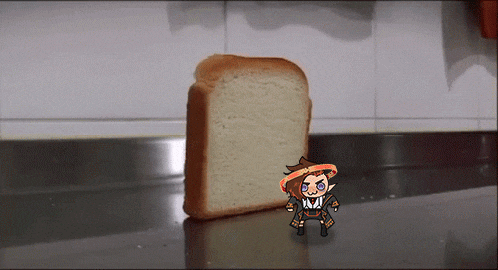 a cartoon character is standing next to a slice of bread on a counter