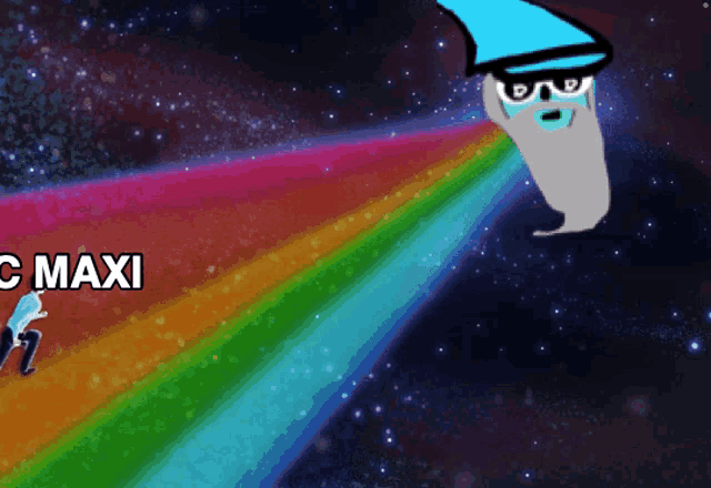 a cartoon character with glasses is flying through space with a rainbow coming out of his mouth and the words " c maxi " below him