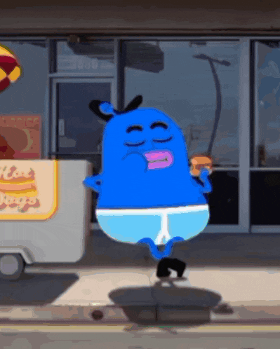 a blue cartoon character eating a hamburger in front of a hot dog cart
