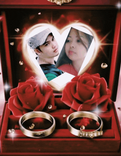 a picture of a man and a woman in a heart surrounded by red roses