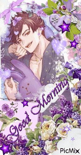 a picture of a man holding a purple bunny with the words good morning written on it