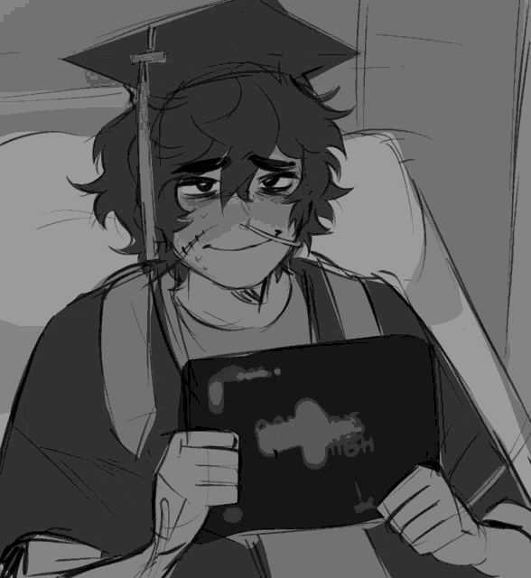 a drawing of a person wearing a graduation cap holding a tablet