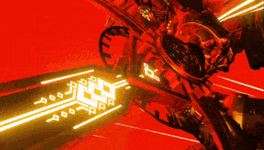 a computer generated image of a robot with a red background and yellow lights