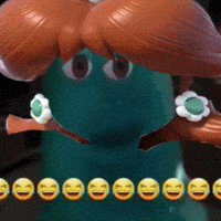 a cartoon character with smiley faces on the bottom of the screen