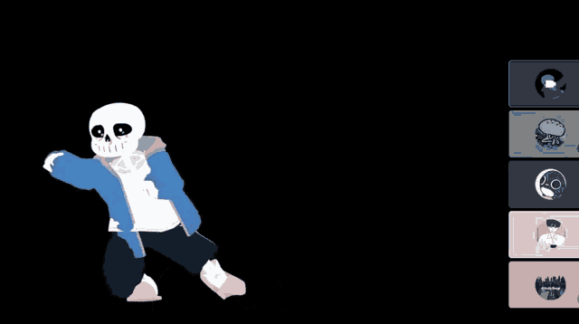 a cartoon drawing of a skeleton with a blue jacket on