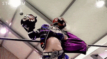 a woman in a wrestling ring is wearing a mask and holding a trophy ..