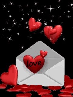 a white envelope with a red heart inside that says love