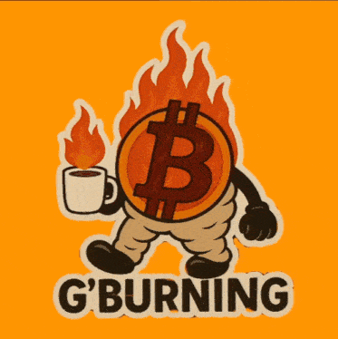 a sticker of a burning bitcoin holding a cup of coffee with the words g ' burning below it