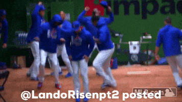 a group of baseball players are dancing on a field with the caption " @landorisept2 posted "
