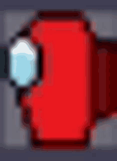 a pixel art of a red among us character with a magnifying glass on his face .