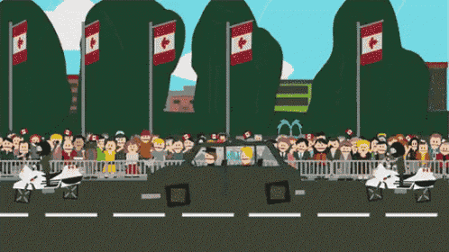 a crowd of people are gathered in front of a car with canadian flags on the poles