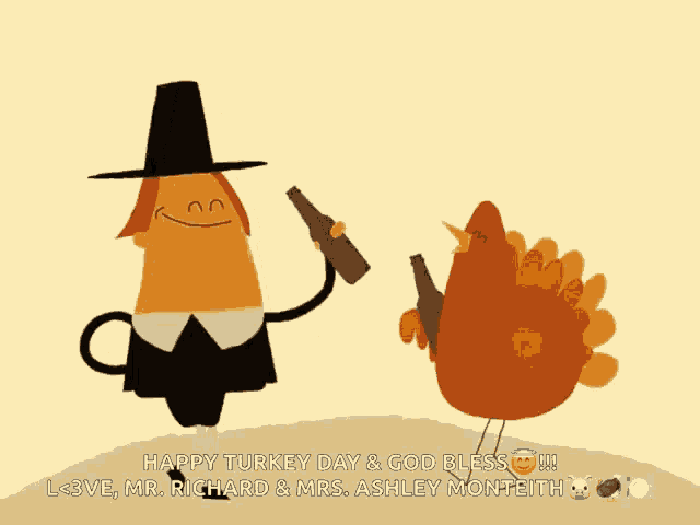 a cartoon of a pilgrim and a turkey with the words happy turkey day and god bless written on the bottom