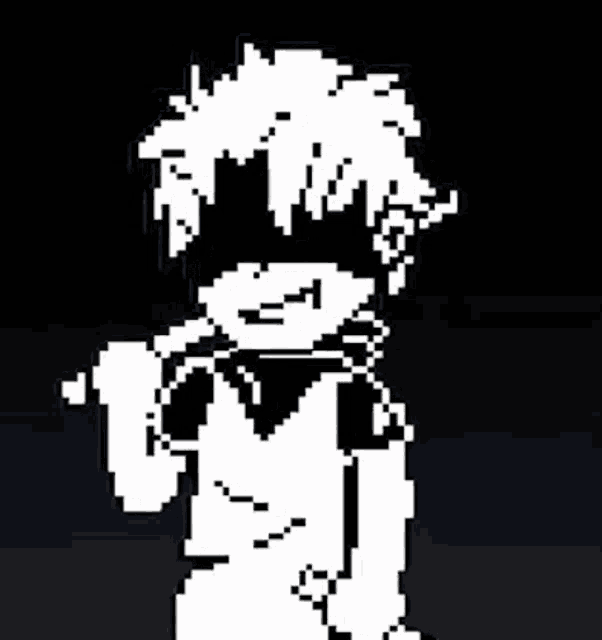 a black and white pixel art drawing of a person holding a stick .