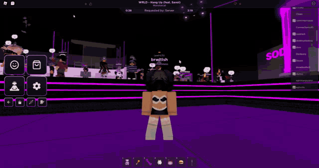 a girl in a bra is standing in front of a purple stage in a video game called roblox