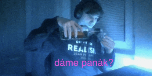 a man wearing headphones is pouring a drink from a bottle with the words " dame panak " in pink