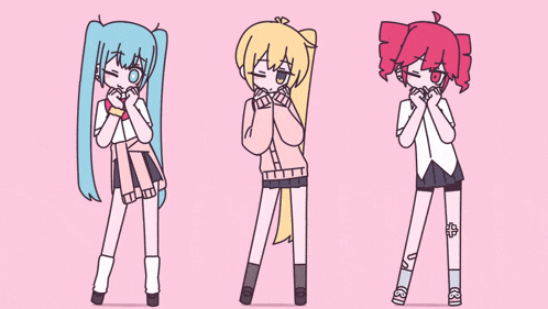 three anime girls are standing next to each other with their arms outstretched on a pink background