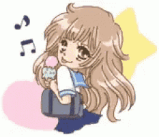 a cartoon girl is holding an ice cream cone and a bag .