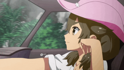 a girl in a pink hat is looking out the window of a car