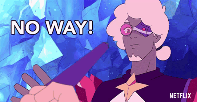a cartoon character says " no way " in front of a purple background