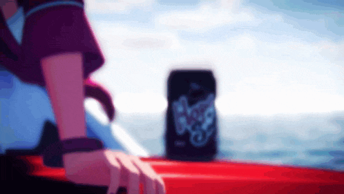 a person sitting on a boat with a can of root beer in the foreground
